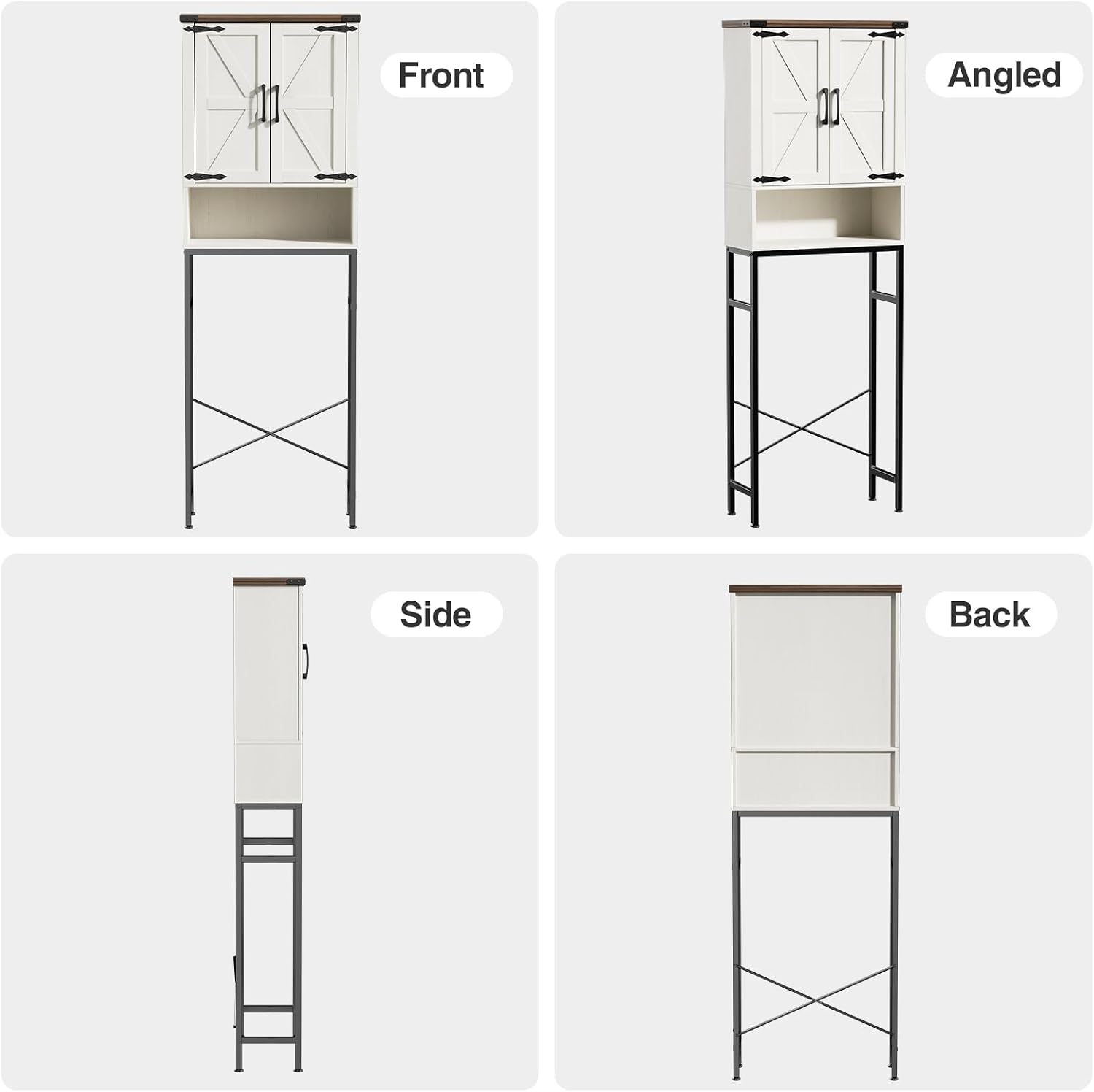Over The Toilet Storage Cabinet with Farmhouse Doors and Adjustable Shelf, Tall Bathroom Organizer with Metal Stand Space Saver Over Toilet , Wood Rack for Bathroom, Restroom, Laundry, White