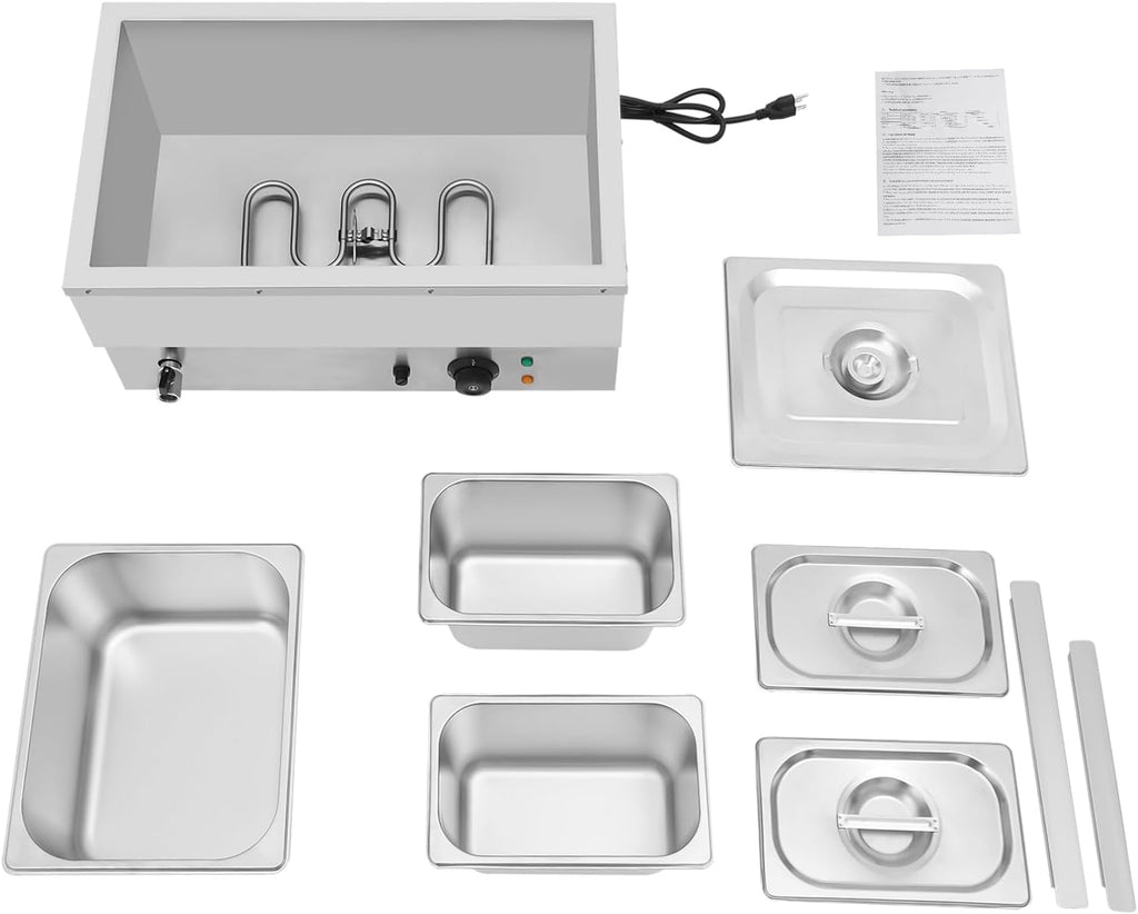 3-Pan Commercial Steam Table, Electric Bain Marie Food Warmer 600W Stainless Steel Countertop Buffet Food Warmer Container 21.6Qt with Lid and Tap for Catering, Restaurant, Buffets