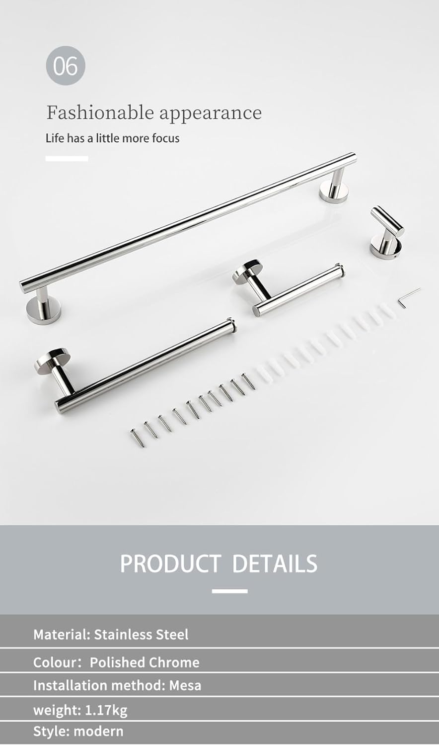 Stainless Steel Chrome Beautiful Wall Hook Toilet Paper Holder Towel Ring Bar Self-Adhesive Bathroom Accessories,4 Piece Set