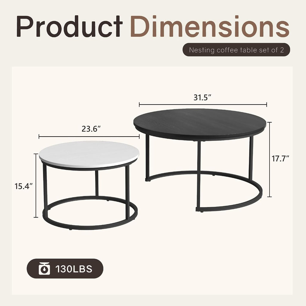 Otterease Nesting Tables Set of 2, 31.5' Round Coffee Table, Small Nesting Coffee Table with Adjustable Non-Slip Fee, Wood Grain Top Nesting Tables for Living Room, Bedroom (Wood Grain Black&White)