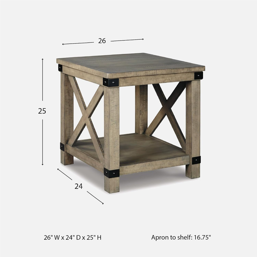 Signature Design by Ashley Aldwin Casual Farmhouse Rectangular End Table with Crossbuck Details, Metal Bracket Accents, Wood, 25' High, Weathered Gray