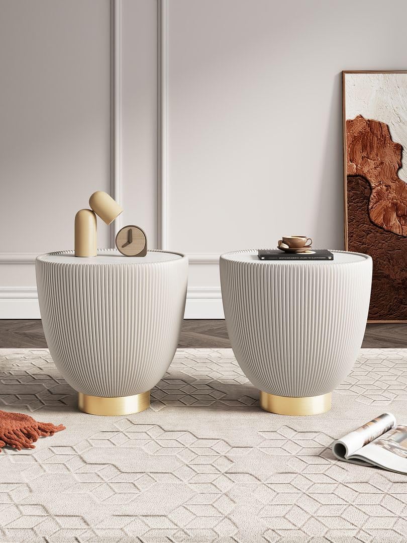 Manhattan Comfort Anderson Modern 18' Round End Table 2.0 | Ceramic Marble Tabletop, Elegant Pleated Leatherette Design & Gold Stainless Steel Base, Fully Assembled Accent Furniture, Set of 2, Cream