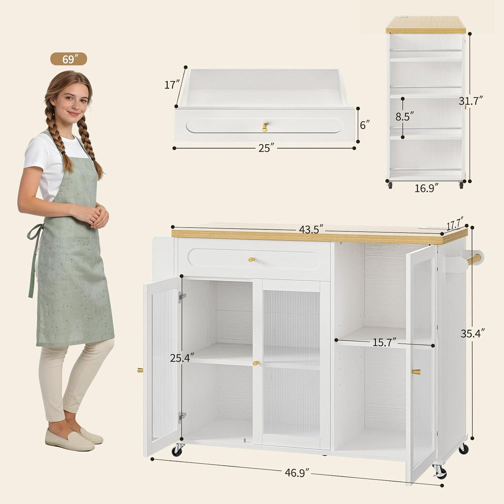 Kitchen Island with Power Outlet - Kitchen Cart on Wheels with Storage Cabinets & Drawers, Rolling Island Table with Spice & Towel Rack, Portable Islands with Large Wood Counter, Dinning Room