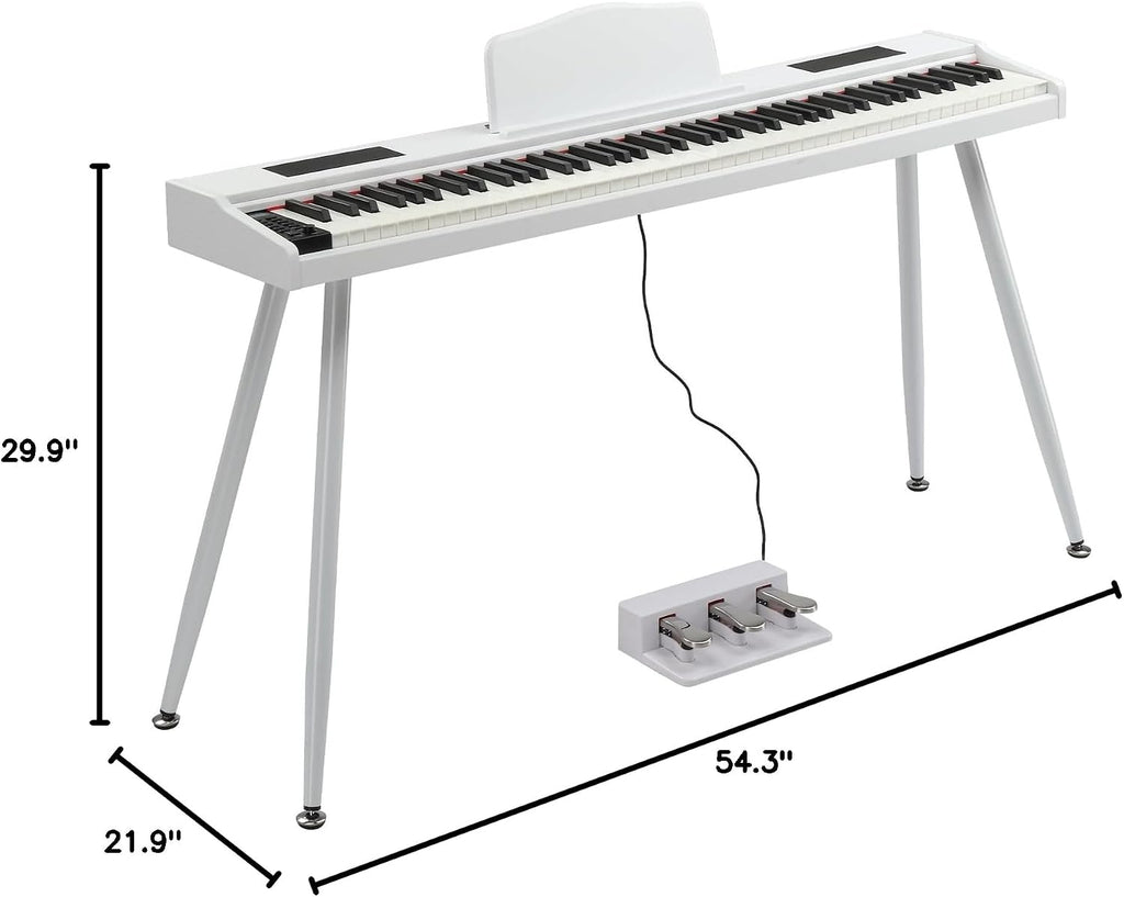 GLARRY Digital Piano Keyboard with Stand, Portable 88 keys Semi-Weighted Electric Piano with Pedal for Beginner, Bluetooth, Triple Pedals, Power Supply, 2 Speakers (White, Compact)