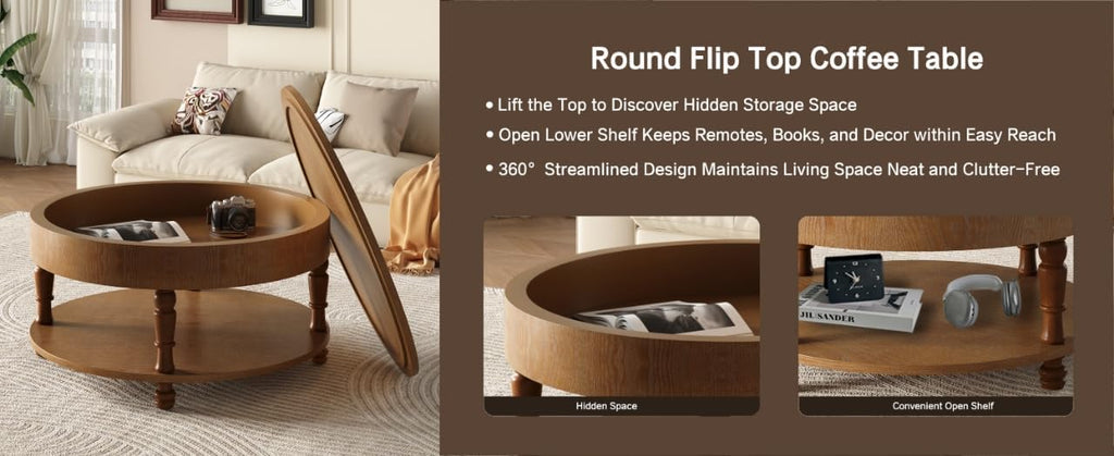 Hayzz Round Coffee Table with Storage 31.5 Inch, Modern Lift Top Accent Coffee Table with Hidden Compartment & Lower Shelf, Adjustable Leveling Feet, Easy Assembly for Living Room, Walnut Brown