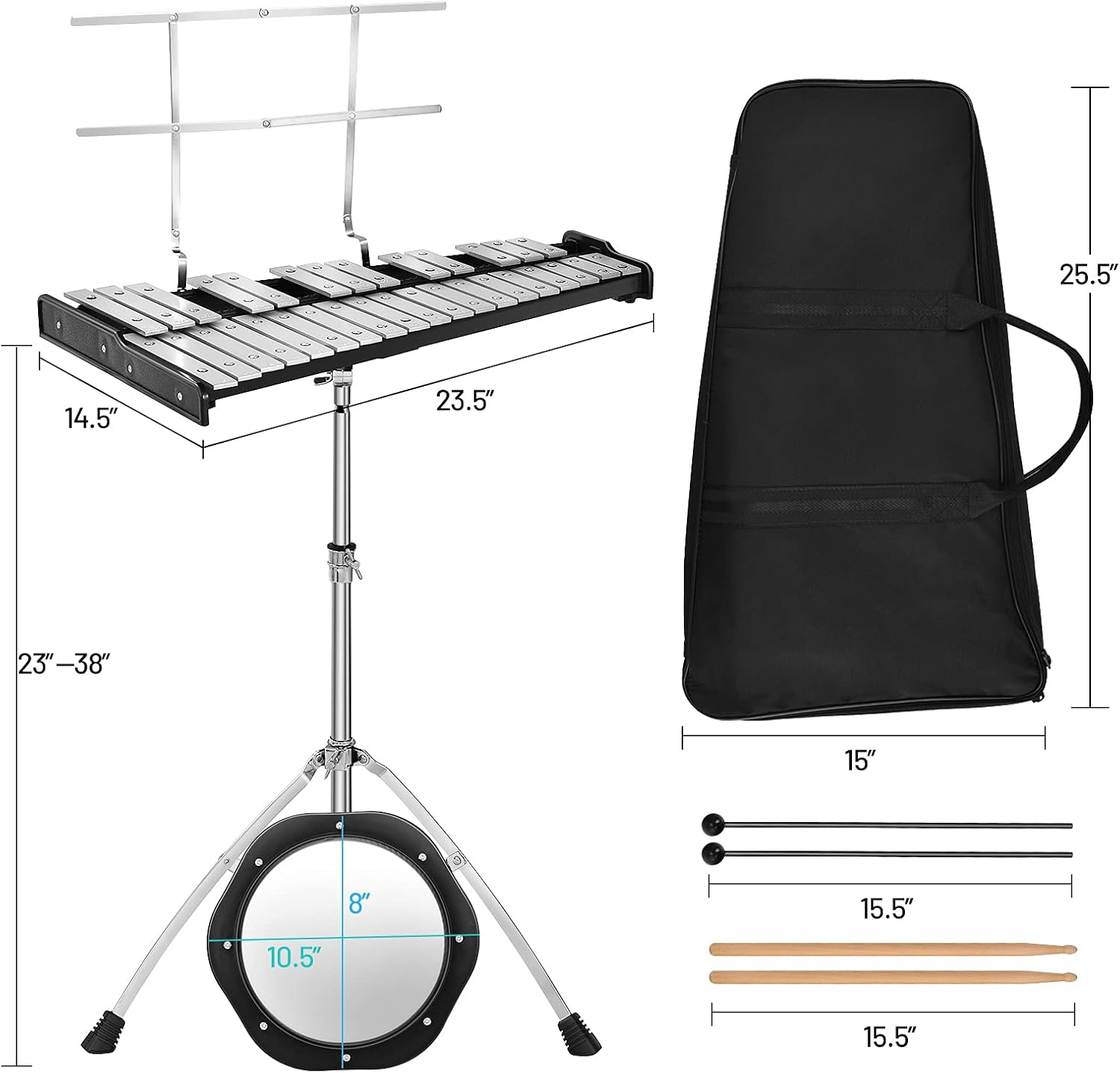 Giantex 32 Note Professional Glockenspiel Bell Kit, Percussion Xylophone with Adjustable Stand, Music Stand, 8'' Practice Pad, a Pair of Bell Mallets, Wooden Drumsticks, Carrying Bag