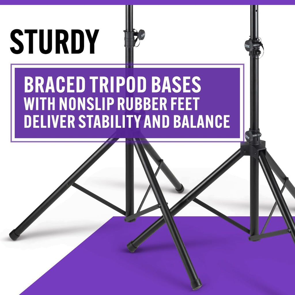 On-Stage SSP7950 All-Aluminum Speaker Stand Pack (Pair of Folding, Portable Stands, Tripod Base, Carry Bag, Height Adjustable, Nonslip Rubber Feet, 1 3/8″ and 1 1/2″ PA Mounting Poles, Black)