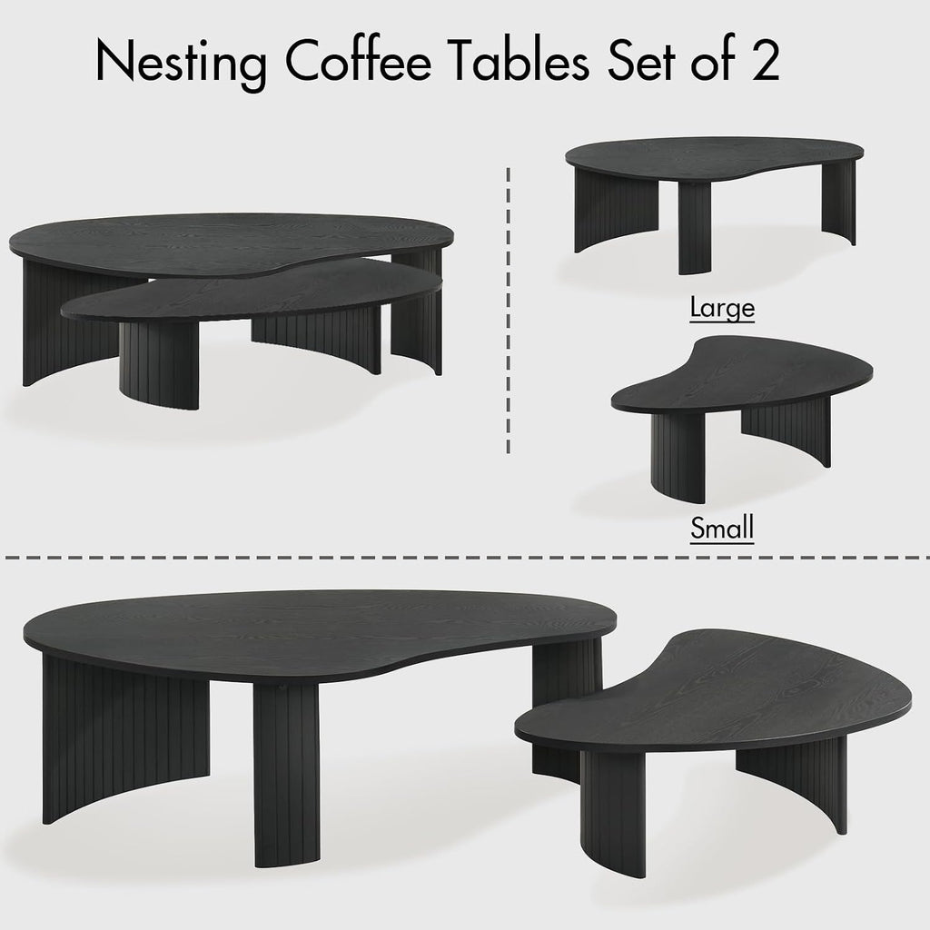 Hyfirm 2-Piece Irregular Mango Nesting Coffee Table Set, Black Solid Wood Coffee Tables with Fluted Legs, Modern Minimalist Accent Tables for Living Room, Bedroom & Small Apartments