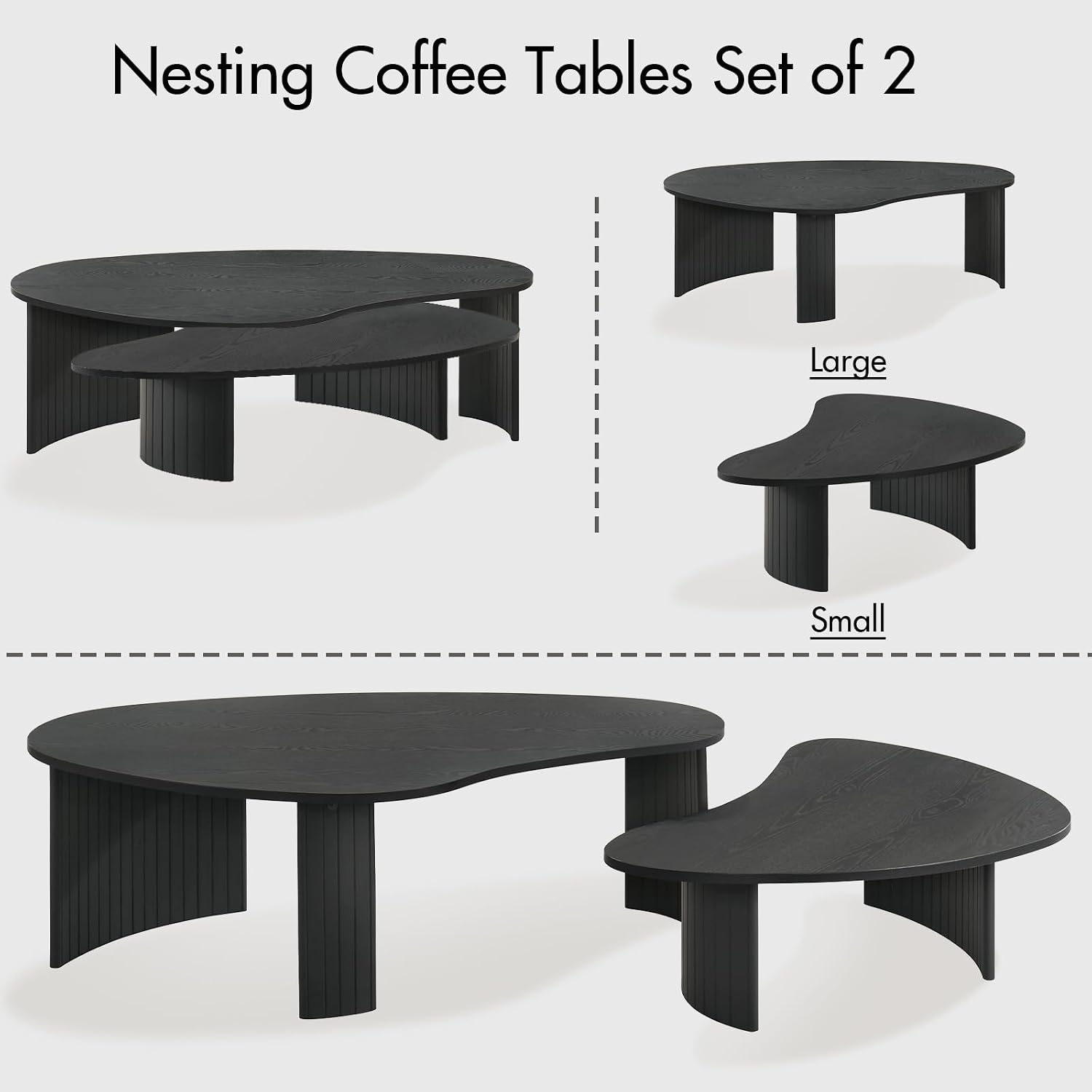 Hyfirm 2-Piece Irregular Mango Nesting Coffee Table Set, Black Solid Wood Coffee Tables with Fluted Legs, Modern Minimalist Accent Tables for Living Room, Bedroom & Small Apartments