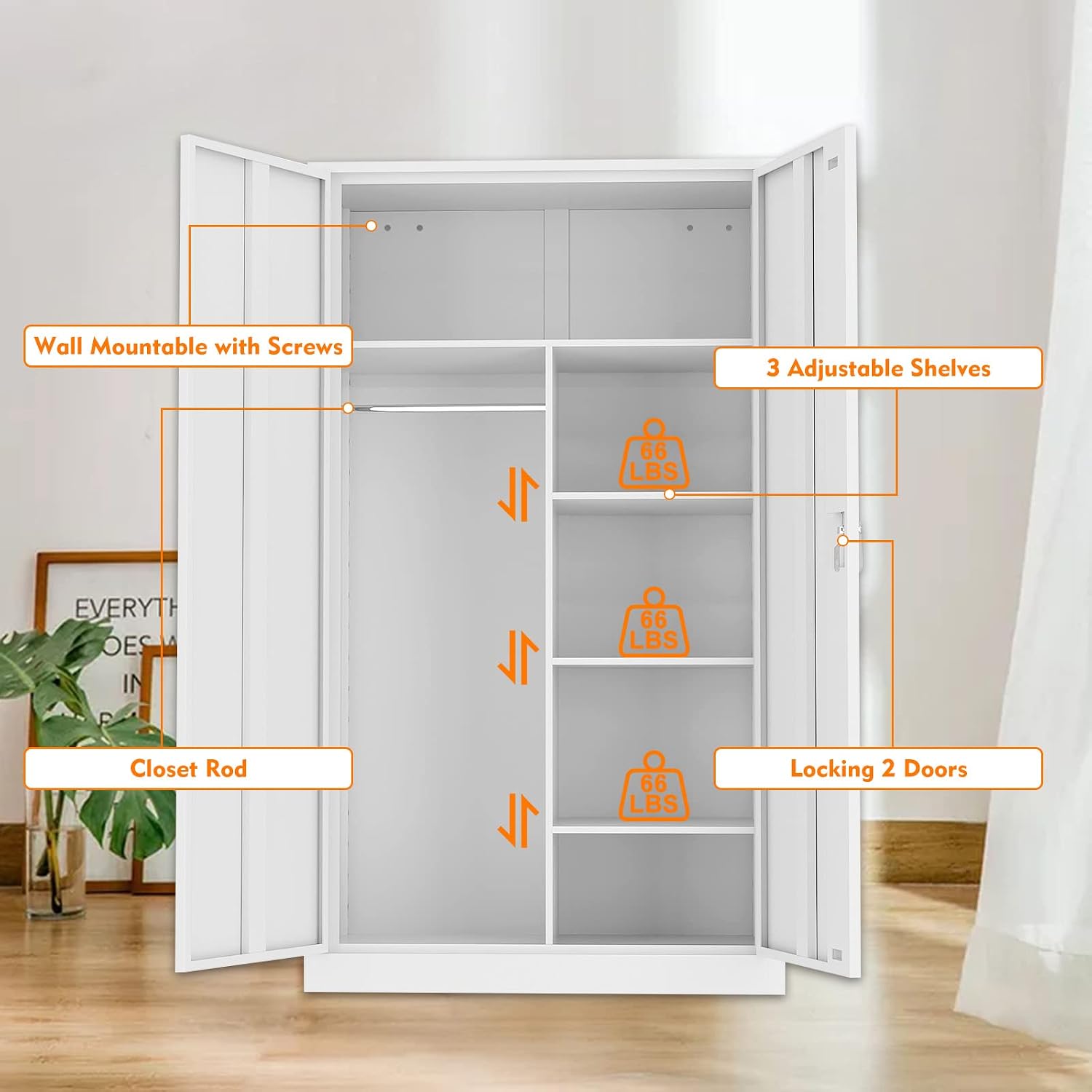 MIIIKO Steel Wardrobe Cabinet with 2 Doors, White Metal Locker Cabinet for Storage with Hanging Rod and 4 Shelves, Lockable Metal Closet for Bedroom, Cloakroom and Home Office