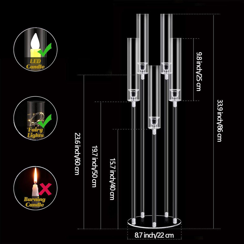 8 Sets Acrylic Floor Candelabra Centerpieces for Wedding, 33.9Inches Tall Candelabra Candle Holder with LED Candles 5 Arm Candlesticks Holder with Acrylic Shade for Table Dinner Party Fireplace Decor