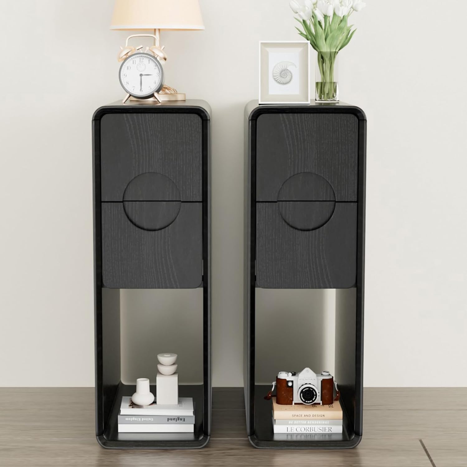 Black Small Nightstand Set of 2, Narrow Bedside Table with Circular Drawer, Skinny Side End Table, Wood Nightstand, Mid Century Modern Night Stand for Bedroom, Small Spaces, Slim, Wooden