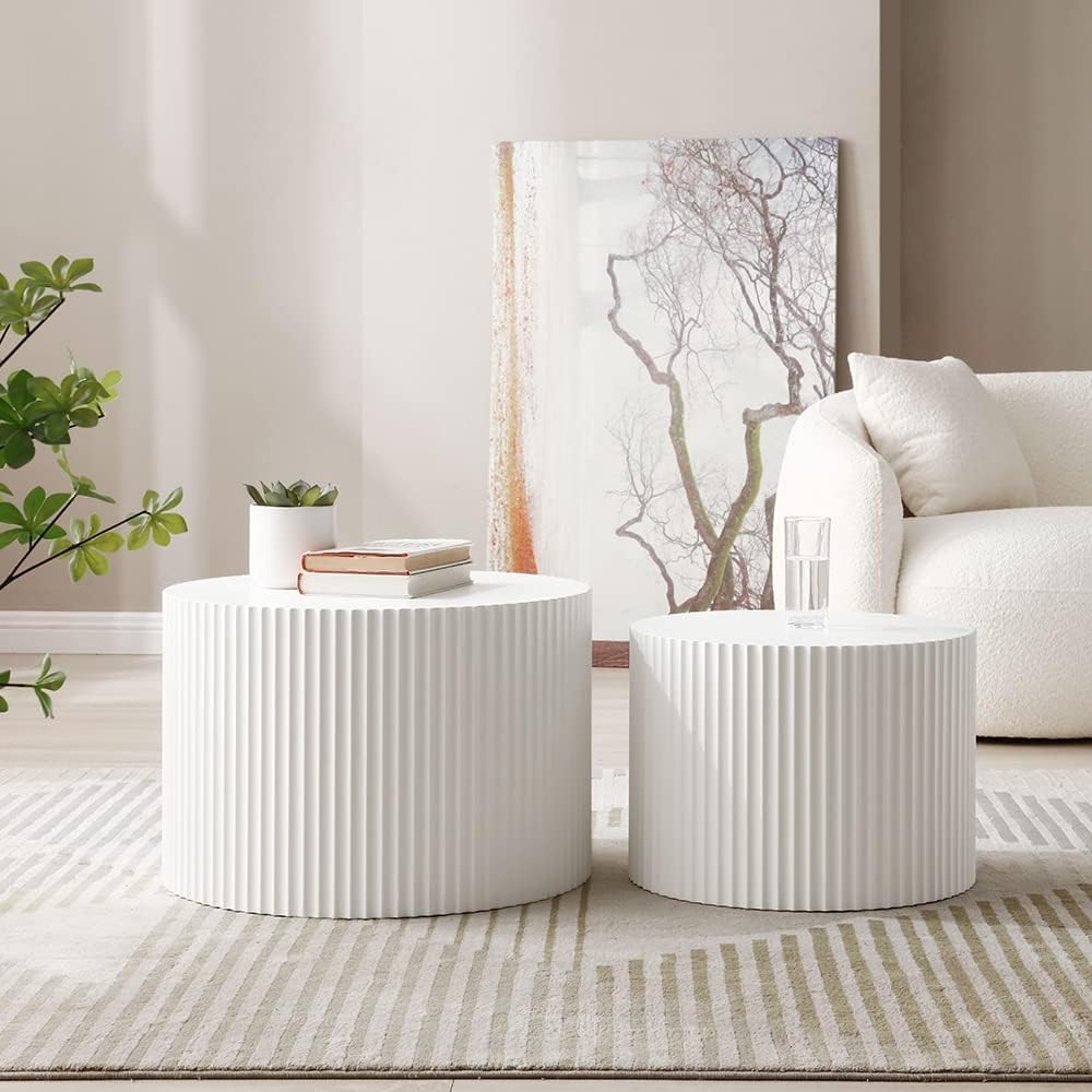 Nesting Coffee Table Set of 2, 23.6' Round MDF Nesting Tables with Roman Column Design, Modern Handcrafted Wooden Drum Accent Tables for Living Room, No Assembly Required - White