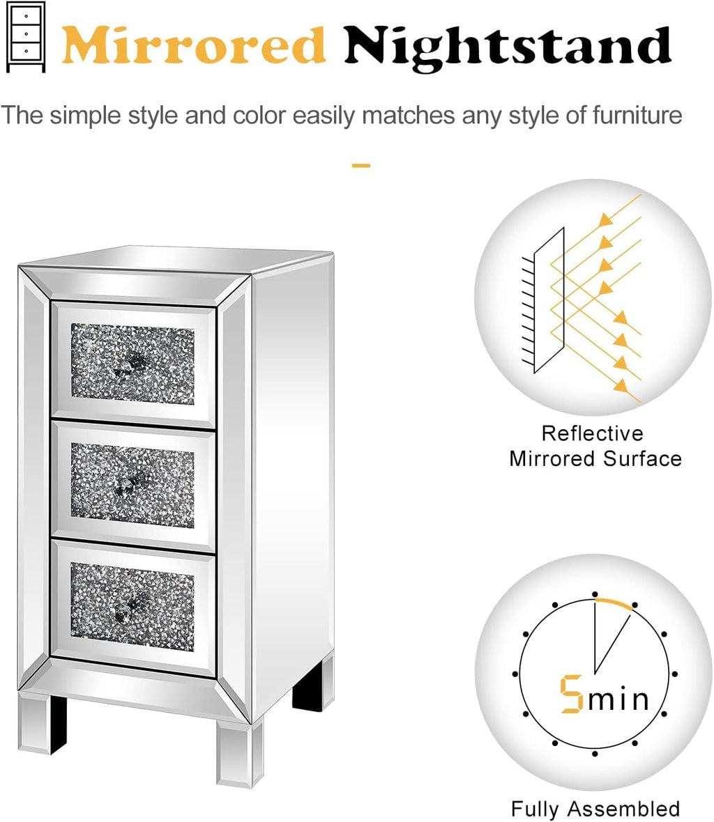 VINGLI 3-Drawer Mirrored Nightstand Bedside Table Modern Night Stands Set of 2 Glass Accent End Table, Fully Assembled, Silver