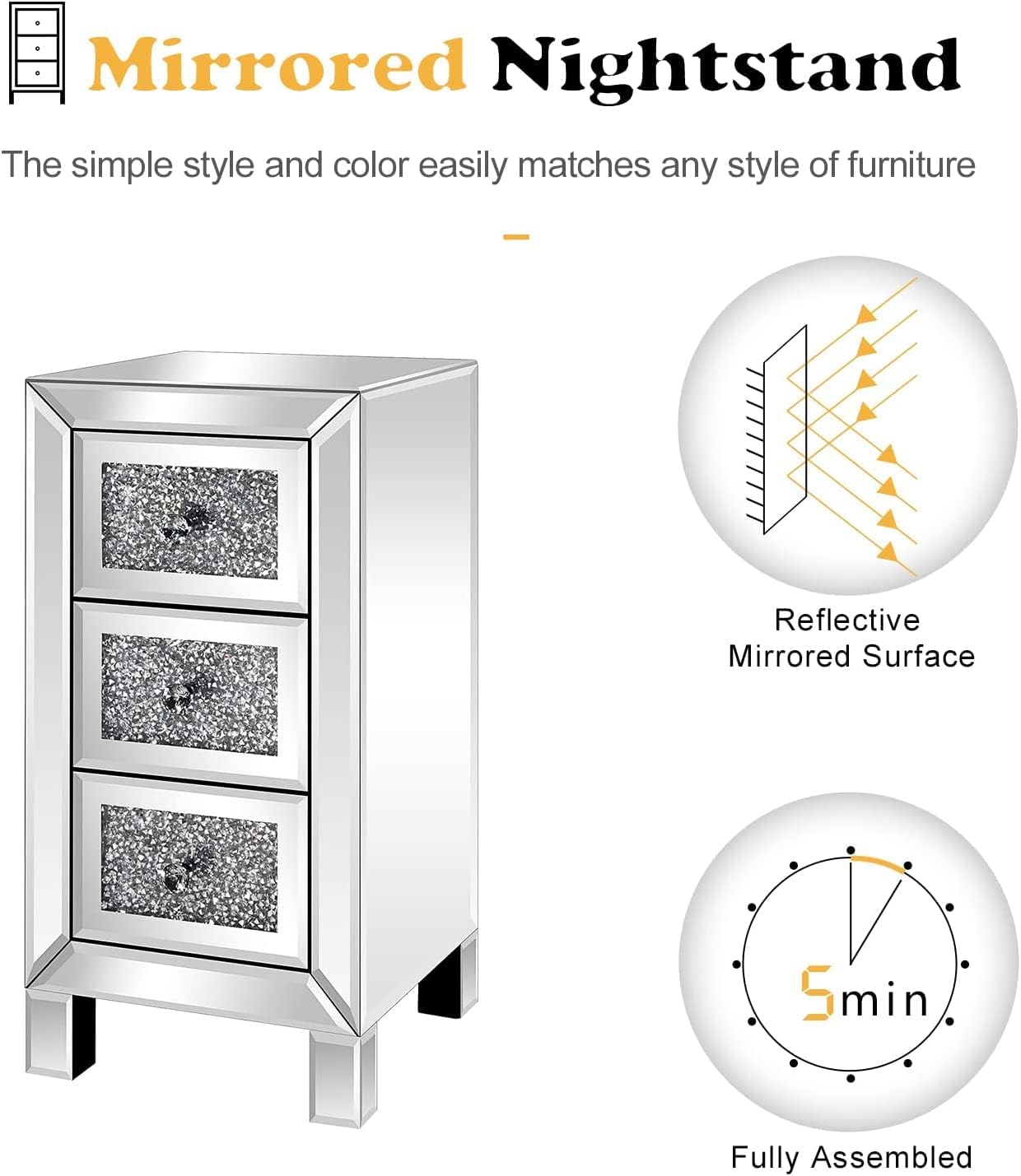 VINGLI 3-Drawer Mirrored Nightstand Bedside Table Modern Night Stands Set of 2 Glass Accent End Table, Fully Assembled, Silver