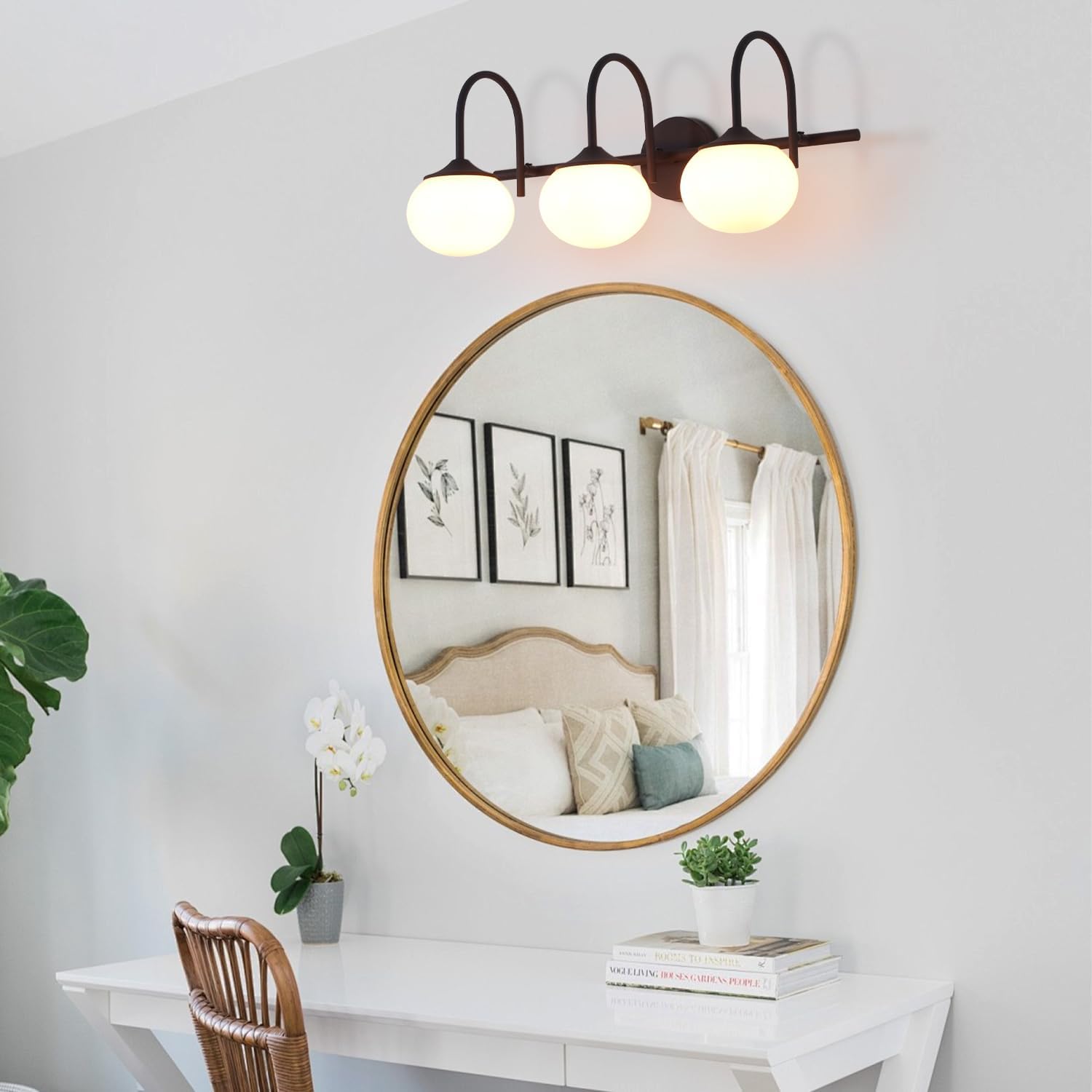 BOKT Black 3-Light Vanity Light Vintage Bathroom Lighting Fixture Over Mirror Industrial Bathroom Vanity Light with Pink Glass Lampshade Modern Long Restroom Light
