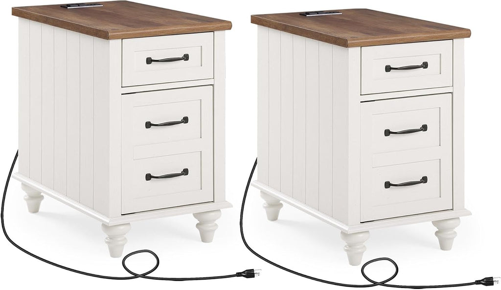 WAMPAT 2 Pack End Tables with Charging Station, Farmhouse Side Table with Drawer & Storage Cabinet, White Nightstand with Power Outlets & USB Ports for Living Room, Bedroom