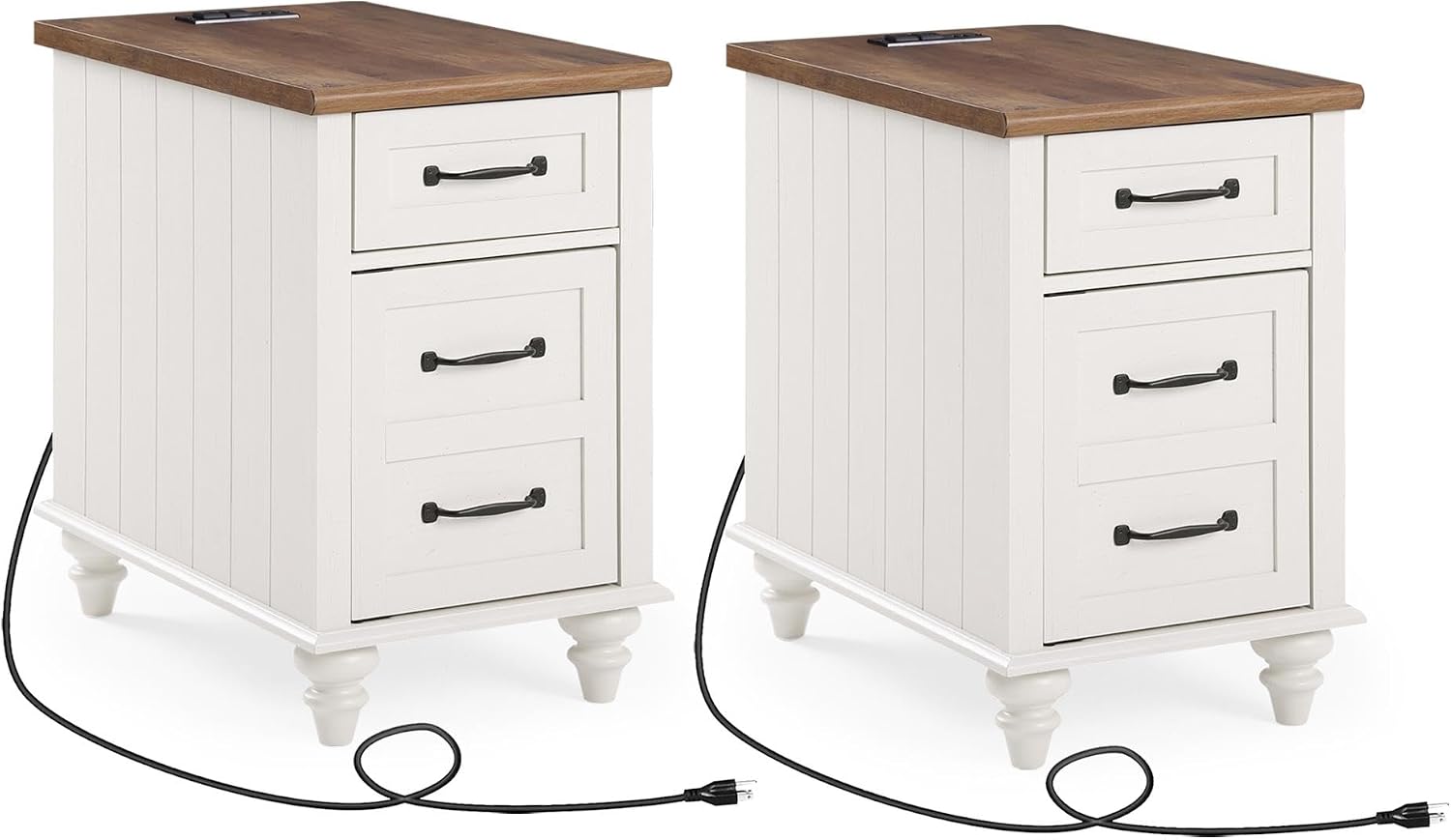 WAMPAT 2 Pack End Tables with Charging Station, Farmhouse Side Table with Drawer & Storage Cabinet, White Nightstand with Power Outlets & USB Ports for Living Room, Bedroom
