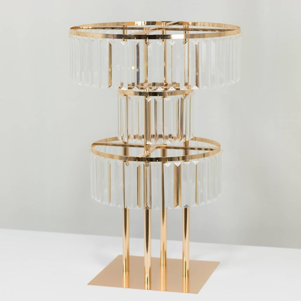 Efavormart 3-Tier Crystal Pendant Table Centerpiece Chandelier, Round Gold Metal Flower Stand – 27' Tall Wedding Pedestal Vase