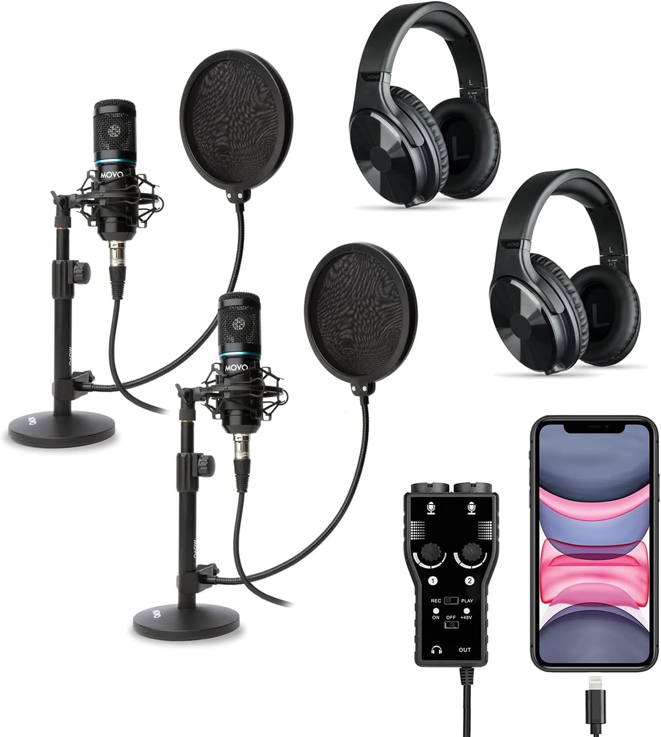 Movo Smartphone Podcast Microphone Bundle for iPhone, iPad - 2X Condenser Microphone, 2X Desktop Mic Stand, 2 Pairs of Studio Headphones, Dual Channel XLR Interface - Studio Mixcfor Streaming Kit