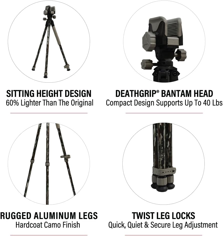 BOG DeathGrip Aluminum Tripod with Durable Frame, Lightweight, Stable Design, Bubble Level, Adjustable Legs, Shooting Rest, and Hands-Free Operation for Hunting, Shooting, and Outdoors