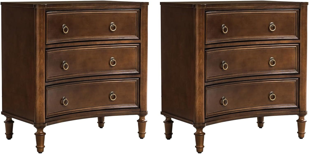 HULALA HOME 3 Drawer End Tables Set of 2 with Charging Station, 26' Wide Endtables with Solid Wood Legs and Curved Profile, Classic Side Tables for Living Room, Walnut