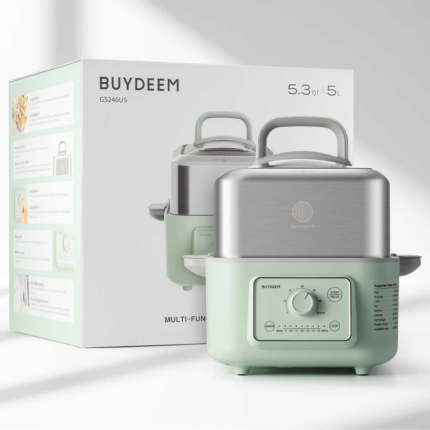 BUYDEEM G52 5.3 Quart Electric Food Steamer for 1-3 Servings, Vegetable Steamer for Cooking, 2-hour Keep Warm, 7 Preset Timings, Dual Boil-Dry Protection, Stainless Steel, Cozy Greenish