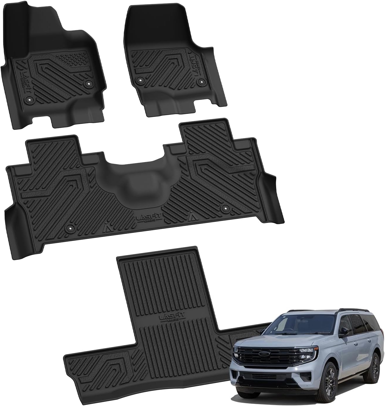 LASFIT Floor Mats for 2025 2026 Ford Expedition 7 Seats Max(Not Fit 8 Seats Standard), All Weather Protector TPE Easy Clean Car Floor Liner, 1st & 2nd & 3rd Row, 4pcs Black