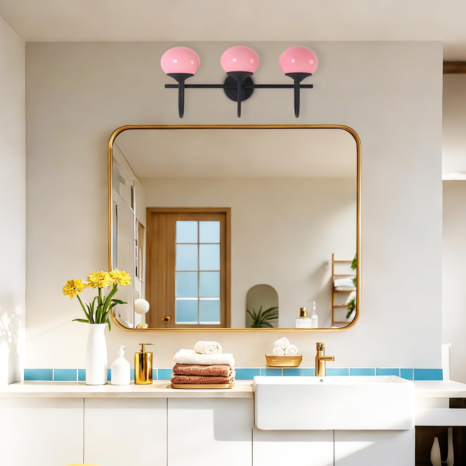 BOKT Black 3-Light Vanity Light Vintage Bathroom Lighting Fixture Over Mirror Industrial Bathroom Vanity Light with Pink Glass Lampshade Modern Long Restroom Light