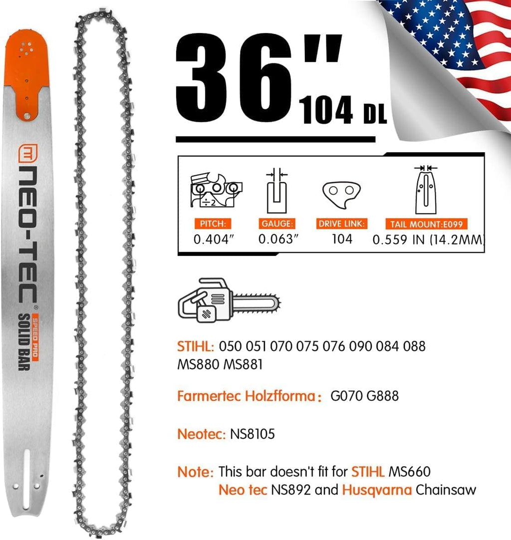 NEO-TEC 36 Inch Chainsaw Guide Bar Chain Combo 0.404 Chain Pitch 0.063 Gauge 104 Drive Links for Stihl 105cc MS070 NS8105 G070 MS880 MS090 for Oregon 363DXLLE099 for Stihl bar 3002 001 8052