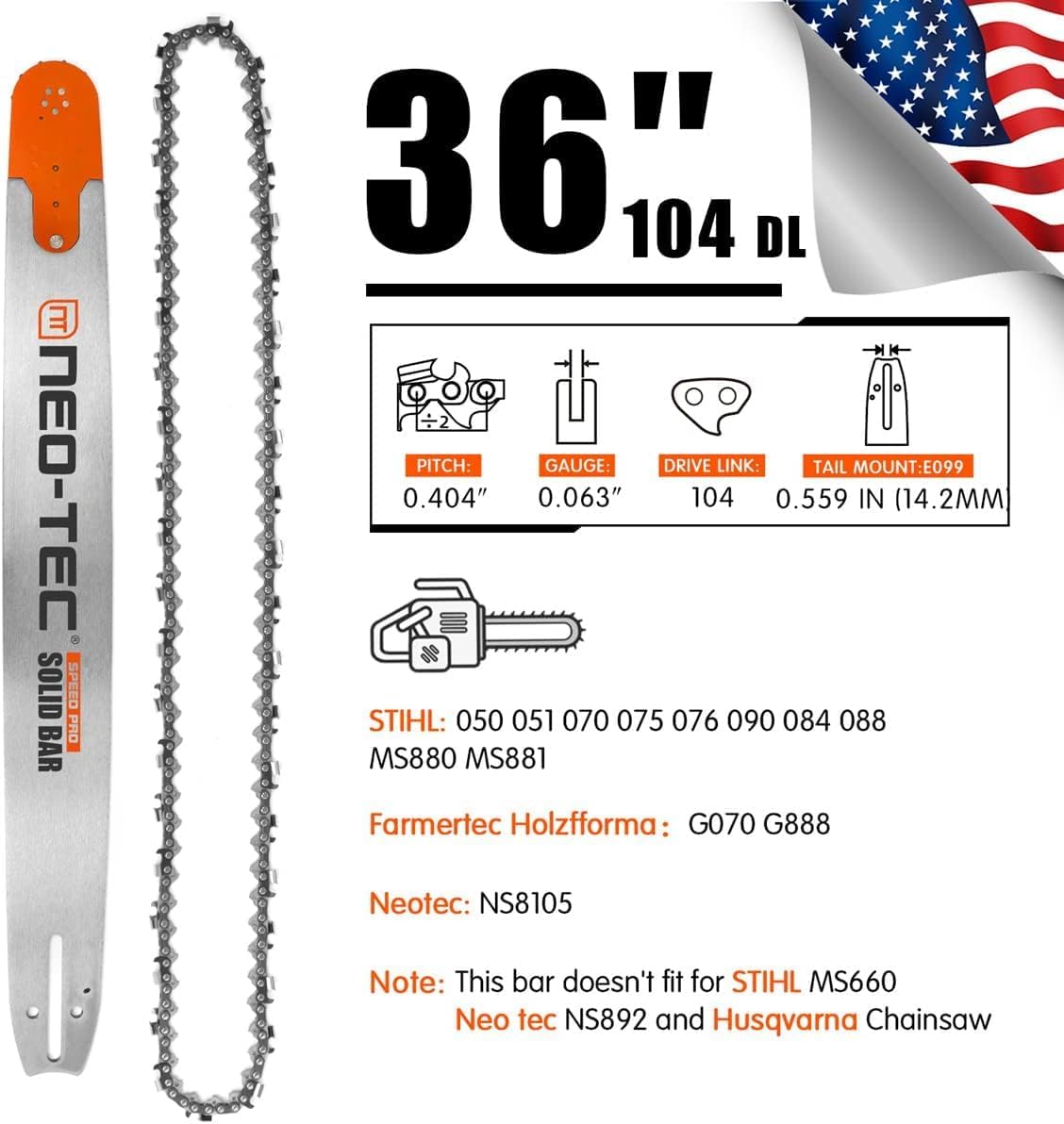 NEO-TEC 36 Inch Chainsaw Guide Bar Chain Combo 0.404 Chain Pitch 0.063 Gauge 104 Drive Links for Stihl 105cc MS070 NS8105 G070 MS880 MS090 for Oregon 363DXLLE099 for Stihl bar 3002 001 8052