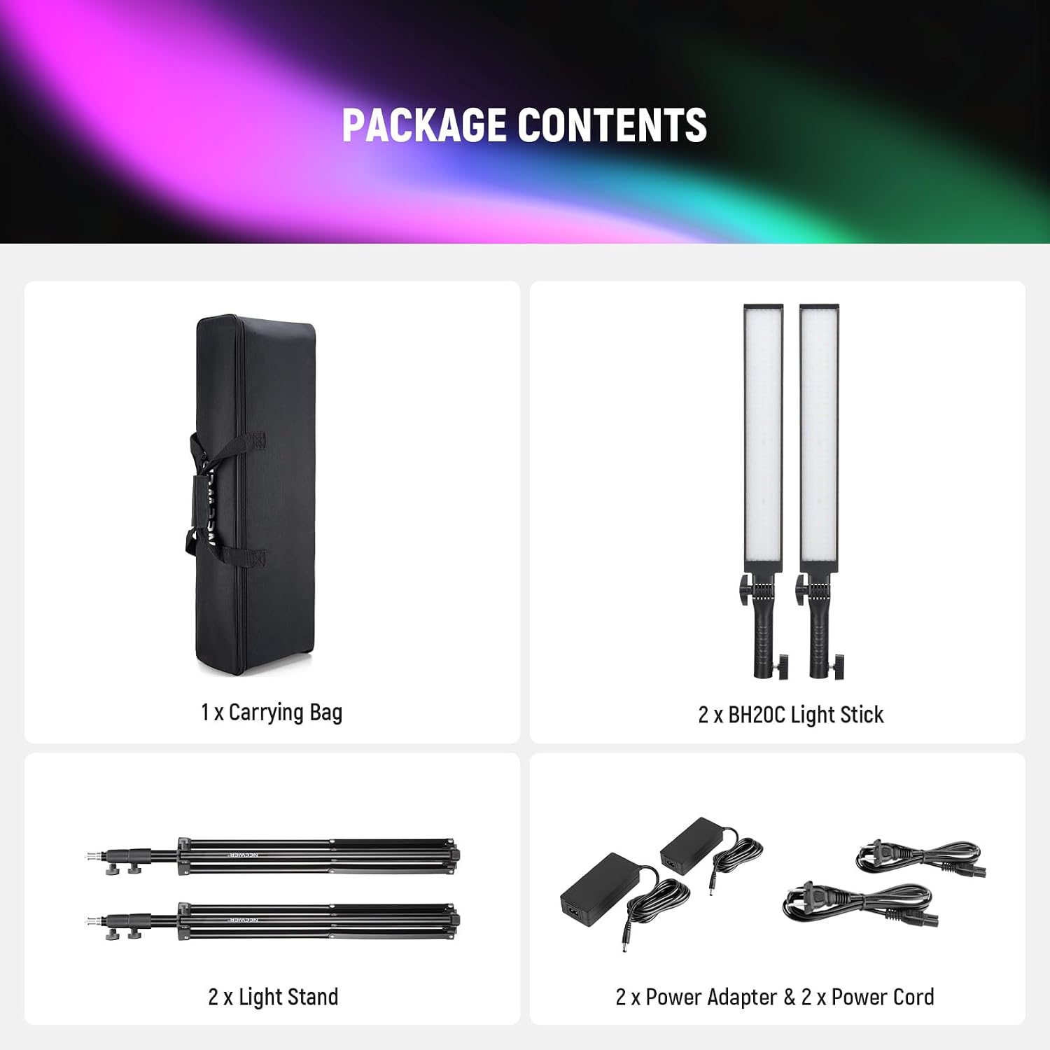 NEEWER Photography RGB Light Stick Kit, 2 Pack LED Video Tube Lights w/Stands, Diffusers, 3250Lux Dimmable Light Wand 2500-10000K CRI95+/TLCI97+ APP/2.4G/Panel Control for Live/Videos/Vlog, BH20C