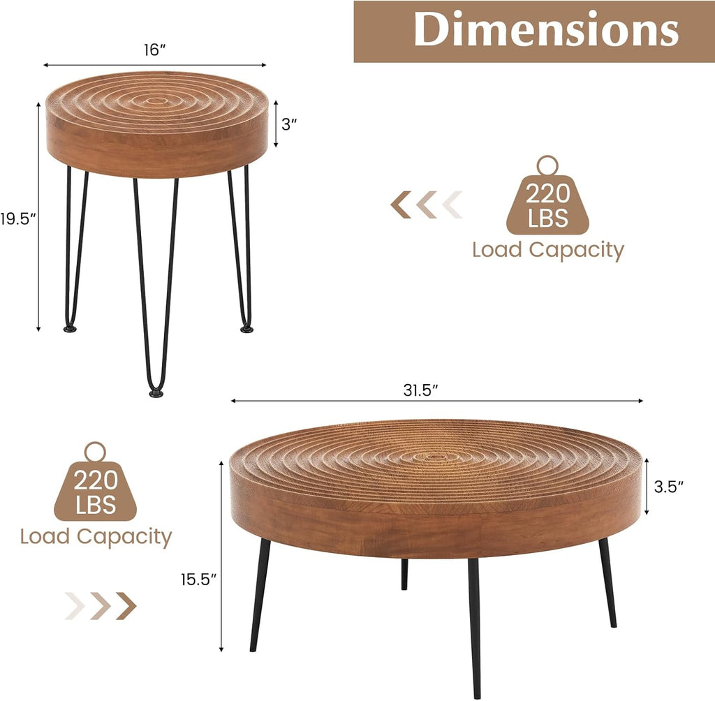 Giantex Boho Round Coffee Table Set of 2, Sofa Side Nesting Table with Solid Pine Wood Top, Metal Legs & Adjustable Foot Pads, 31.5' D Large Table Set for Living Room (Ring Pattern, Brown)