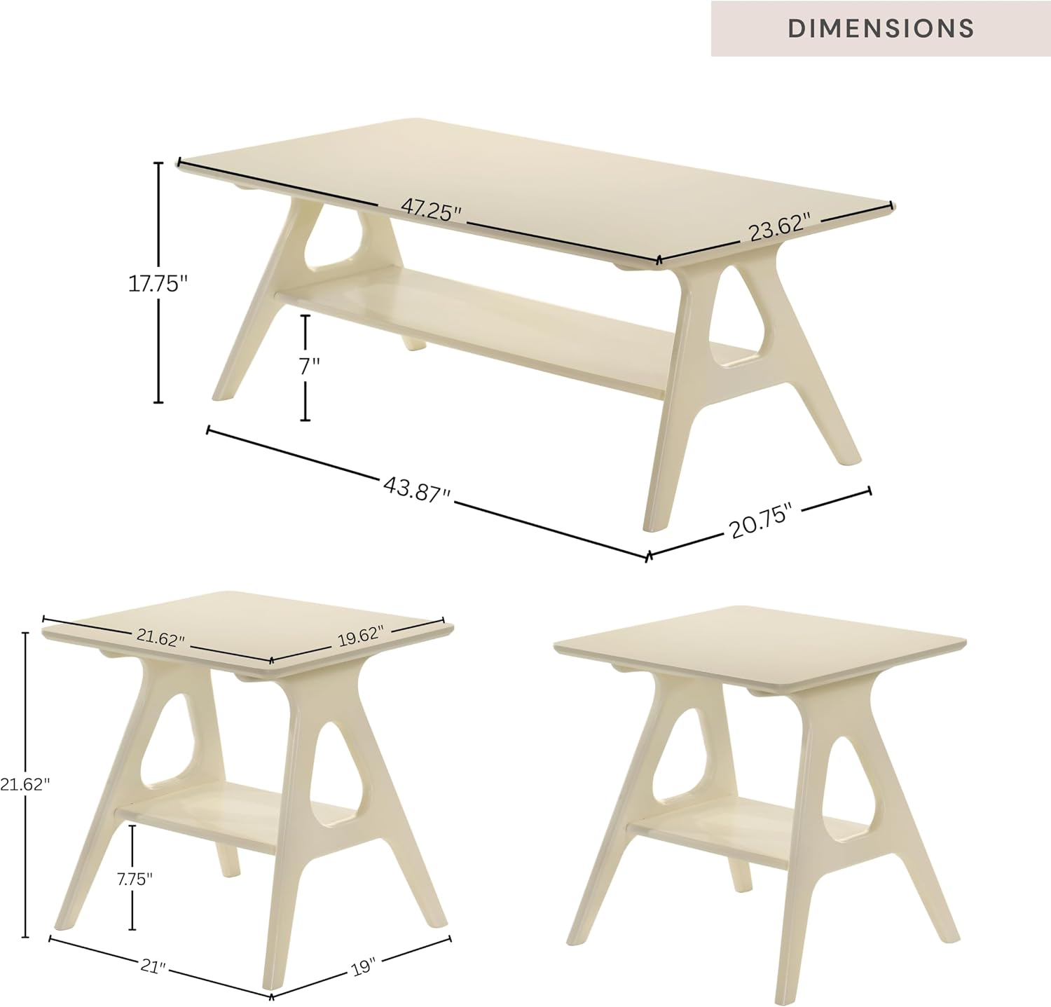 Roundhill Furniture Arona 3-Piece Coffee Table Set, Coffee Table and Two End Tables, Off-White Finish