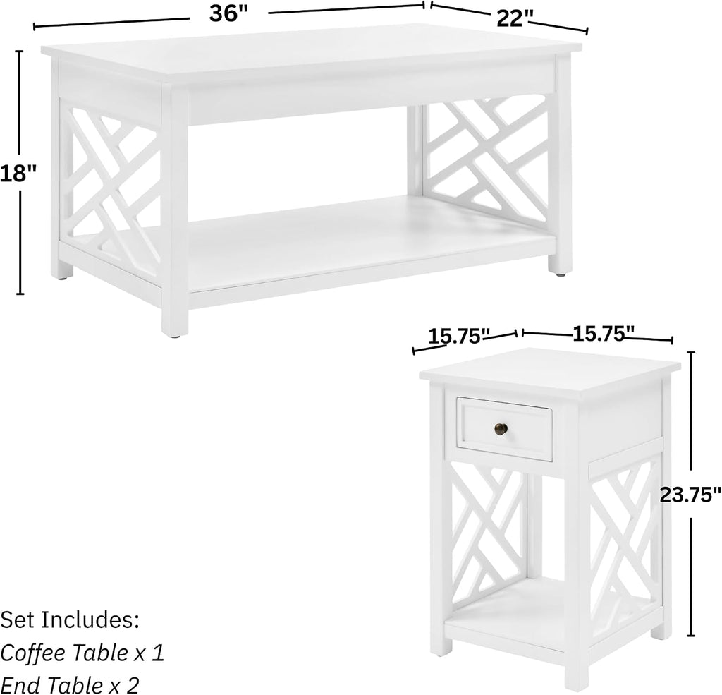 Coventry 36 in. Coffee Table and 2 End Tables with Drawers - Cottage-Style Living Room Furniture Set with Open-Design Decorative Details - Accent Tables with Storage Compartment