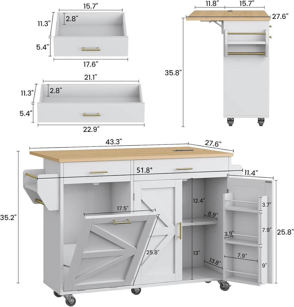 VVFLU 51.8' Kitchen Island Cart with Trash Can Storage, Kitchen Island on Wheels with Power Outlet & Drop Leaf, Rolling Kitchen Cart with Towel Rack & Spice Rack, Mobile Islands Table for Kitchen