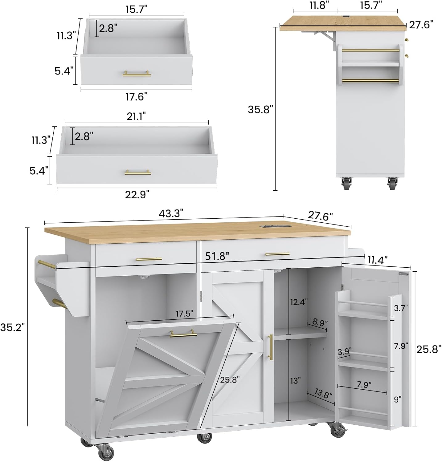 VVFLU 51.8' Kitchen Island Cart with Trash Can Storage, Kitchen Island on Wheels with Power Outlet & Drop Leaf, Rolling Kitchen Cart with Towel Rack & Spice Rack, Mobile Islands Table for Kitchen
