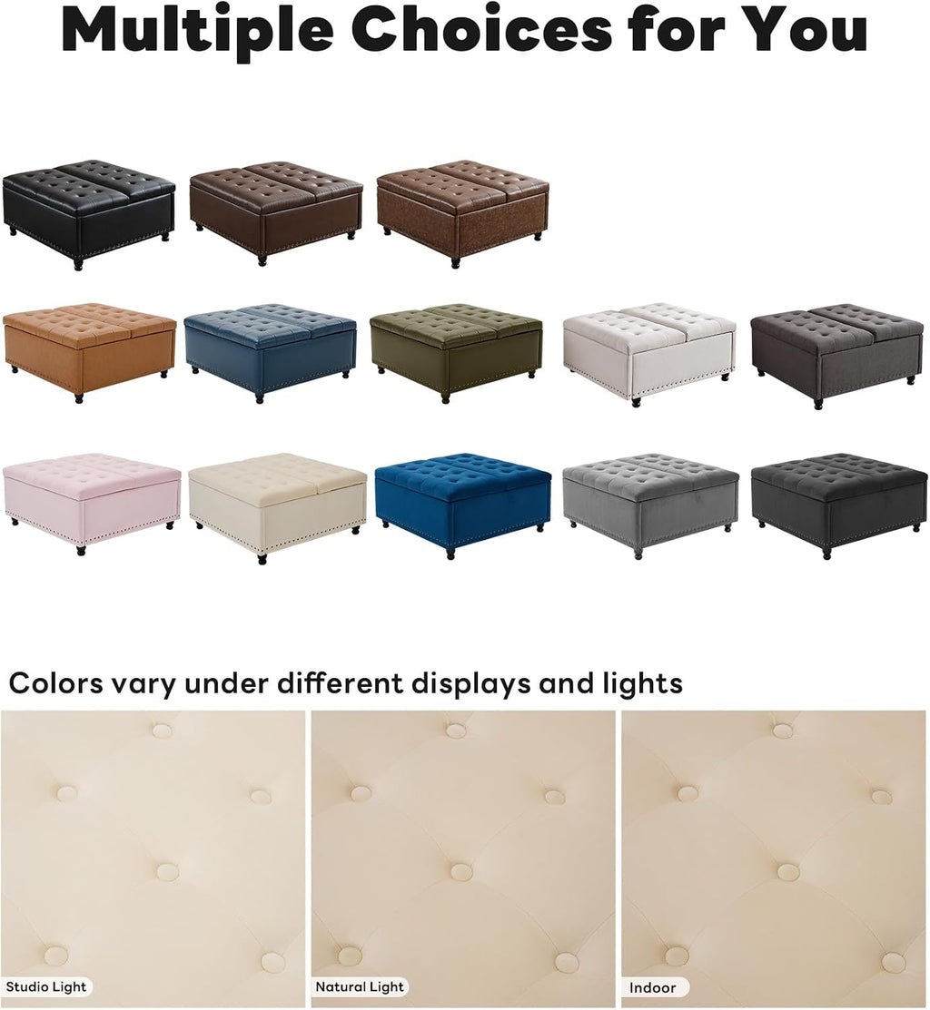 Tbfit Large Square Storage Ottoman Bench, Tufted Upholstered Coffee Table Ottoman with Lift Top & Wooden Legs, Oversized Storage Ottomans Toy Box for Living Room (Beige Velvet)