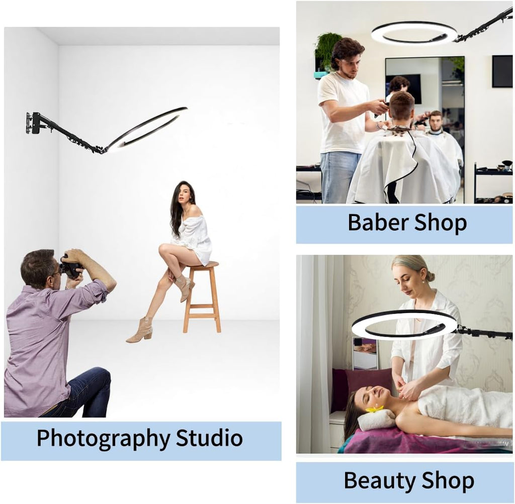25 '' Ring Light Wall Mount with Phone Holder, Rotatable Triangle Boom Arm Overhead Light Stand for Photography Lighting Studio, Live Streaming, Salon, Barber Light, Beauty Tattoo Light