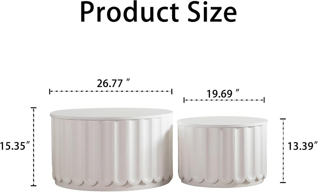 WILLIAMSPACE 46.46' White Round Nesting Coffee Table Set of 2 with Storage & Lift-Off Lid, Modern Circle Drum Center Tables Curved-Edge Shape Tea Table for Living Room, No Assembly (White)