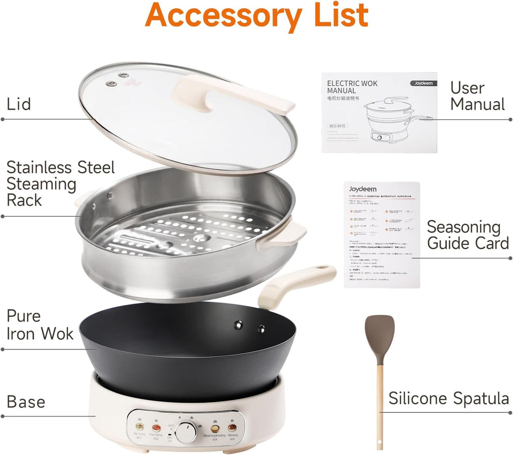 Joydeem 5Qt Electric Skillet, Pure Iron Nonstick Frying Pan with Glass Lid & Steamer Rack, 1600W 3-Level Heat Control, Removable Pot, Family-Sized Cooker for Boil Steam Sauté, 11.81inch