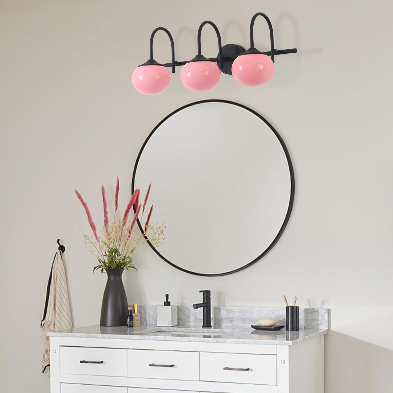 BOKT Black 3-Light Vanity Light Vintage Bathroom Lighting Fixture Over Mirror Industrial Bathroom Vanity Light with Pink Glass Lampshade Modern Long Restroom Light