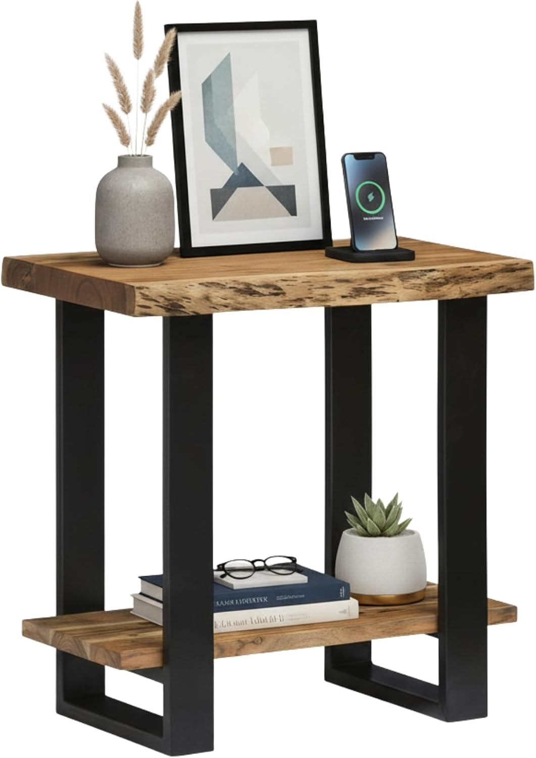 Alaterre Furniture Alpine Live Edge Modern End Table - 2-Tier Narrow Side Table with Open Storage Shelf - Solid Wood and Metal Modern Nightstands for Living Room or Bedroom (Natural)