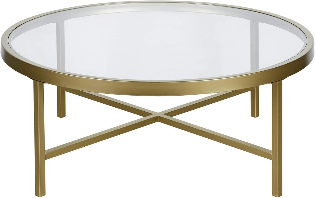 Henn&Hart 36' Wide Round Coffee Table with Glass Top in Brass, Modern coffee tables for living room, studio apartment essentials