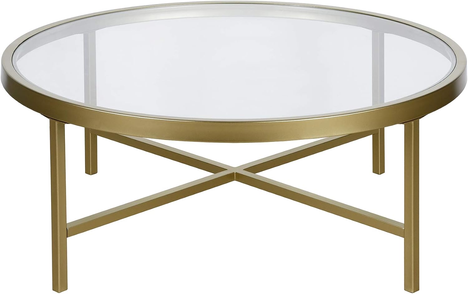Henn&Hart 36' Wide Round Coffee Table with Glass Top in Brass, Modern coffee tables for living room, studio apartment essentials