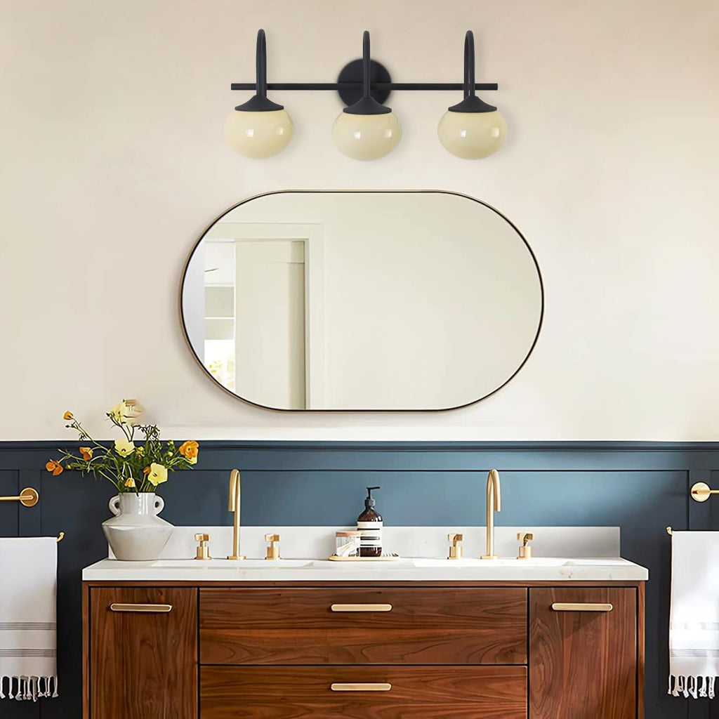 BOKT Black Bathroom Vanity Light Bathroom Wall Lights Over Mirror Farmhouse Globe Wall Sconce Lighting Vintage Cream Yellow Glass Shade Vanity Light E26 Base Restroom Lighting Fixtures