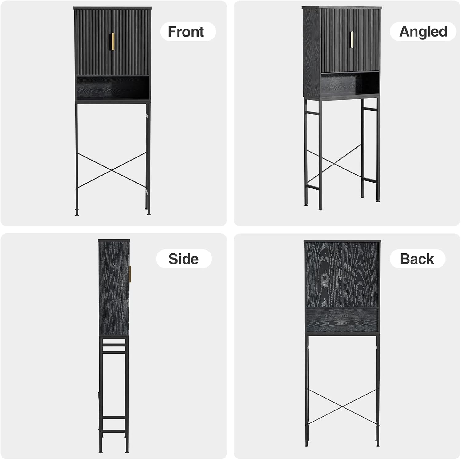 Over The Toilet Storage Cabinet with Fluted Doors and Adjustable Shelf, Tall Bathroom Organizer with Metal Stand Space Saver Over Toilet , Wood Rack for Bathroom, Restroom, Laundry, Natural Black