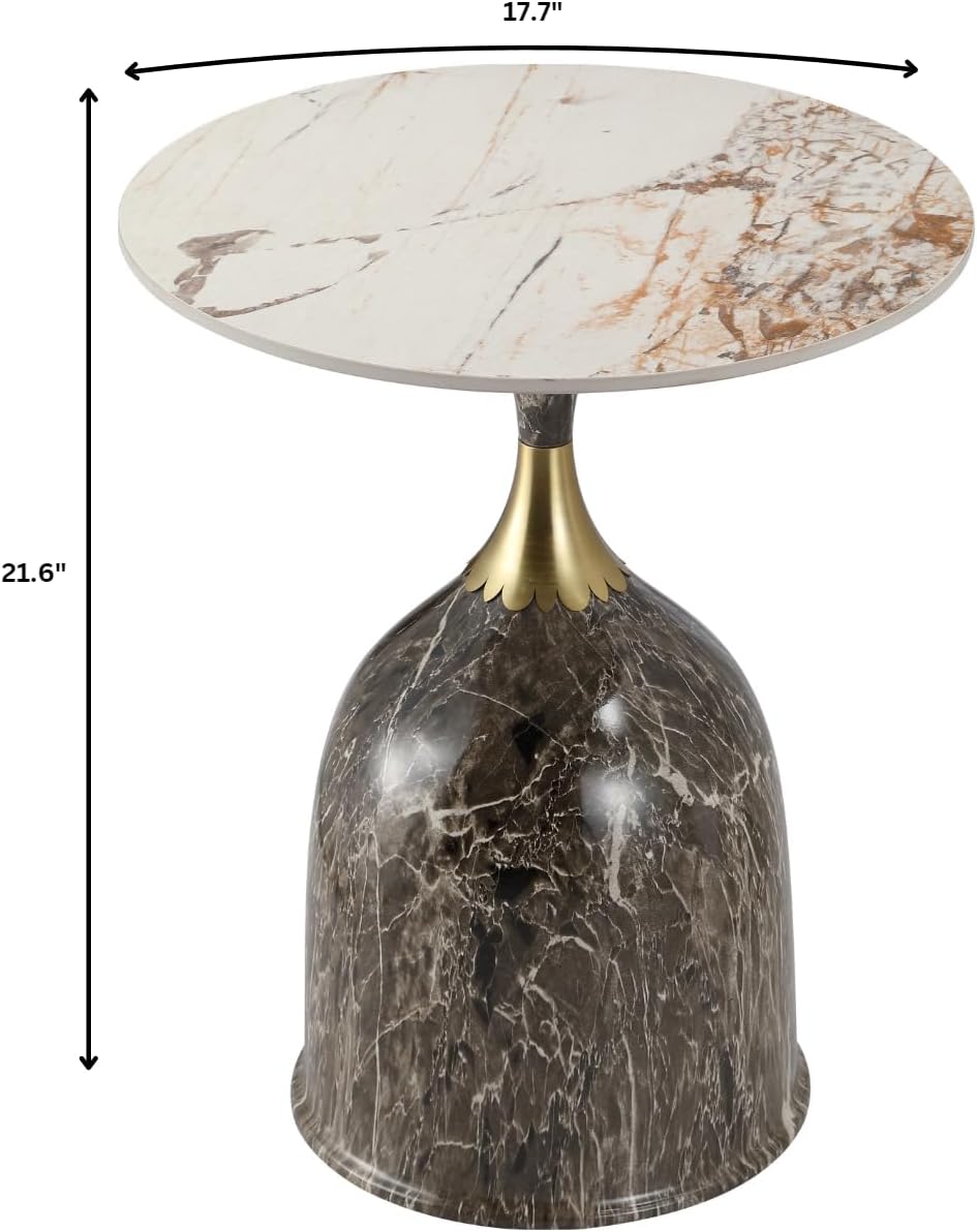 LeisureMod Oslo Modern Round Side Table with Elegant Sintered Stone Top and Sculptural Stainless Steel Pedestal Base, Chic Accent End Table for Living Room, Home or Sofa, Marbled Brown