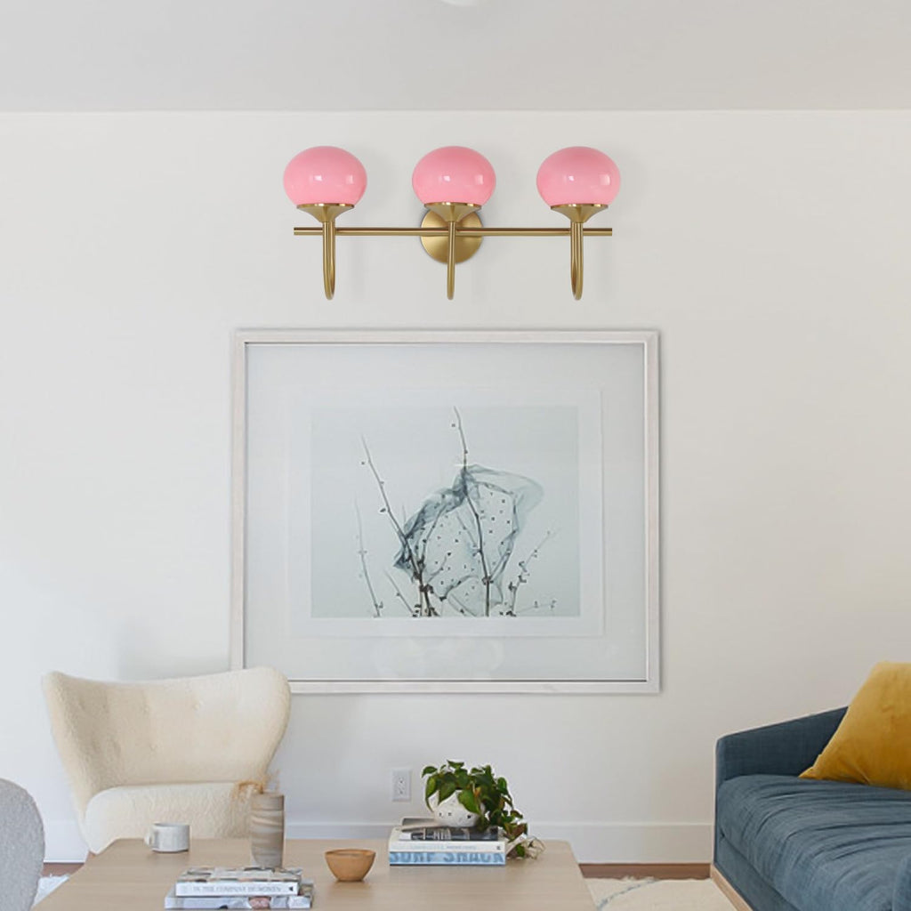 BOKT Gold Bathroom Light Fixture Pink Glass Ball Shades 3-Lights Vintage Vanity Lights Over Mirror E26 Base Modern Wall Sconces Bathroom Wall Lamp for Hallway Bedroom
