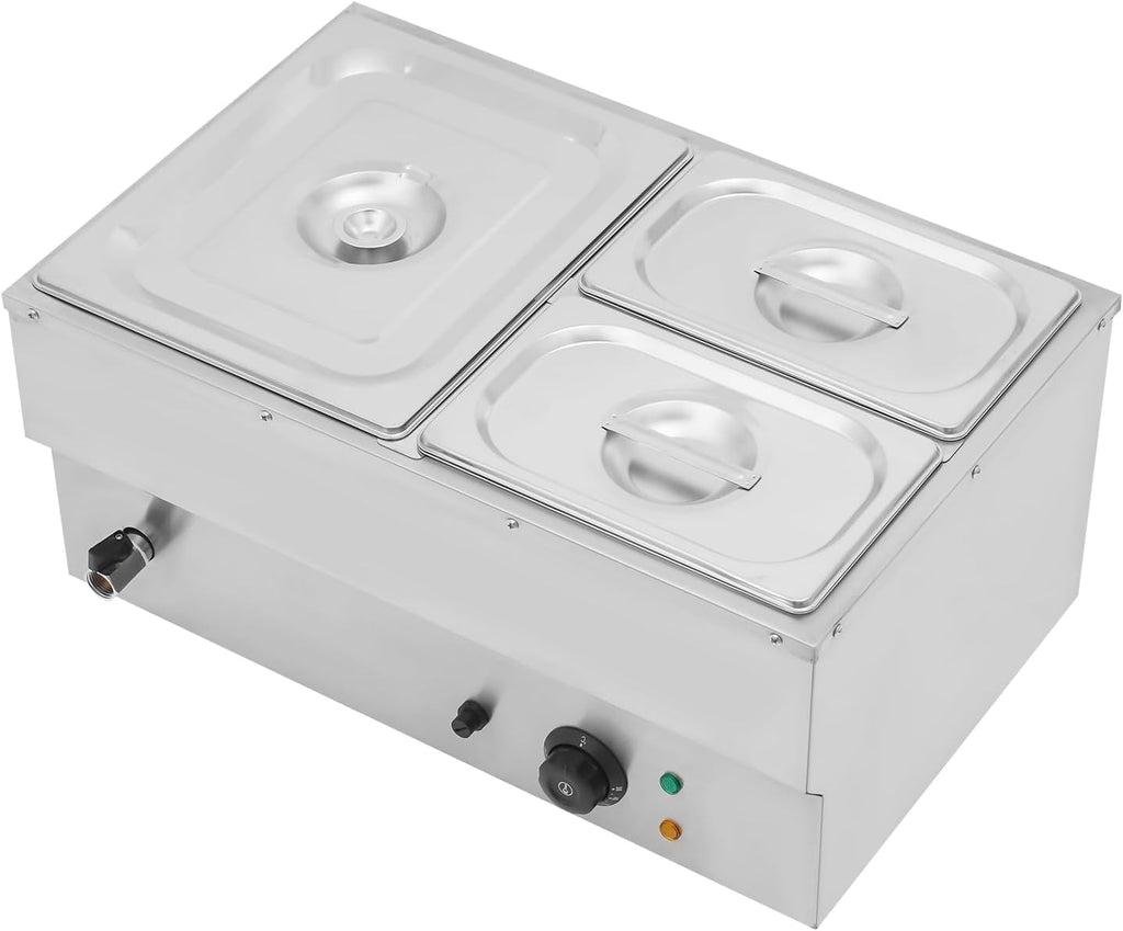 3-Pan Commercial Steam Table, Electric Bain Marie Food Warmer 600W Stainless Steel Countertop Buffet Food Warmer Container 21.6Qt with Lid and Tap for Catering, Restaurant, Buffets